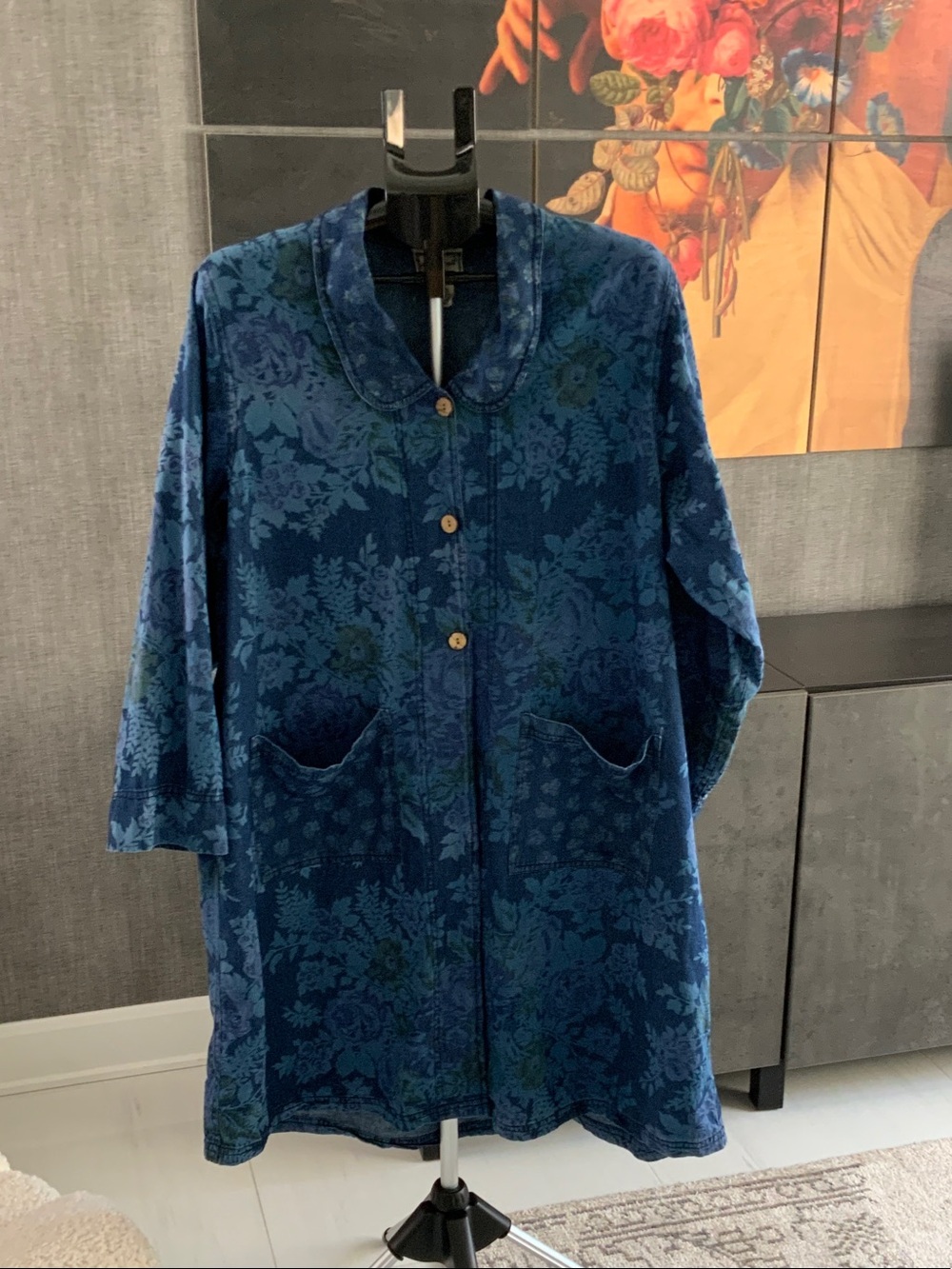 Vintage April Cornell Blue jeans Floral Plush Button-Front jacket M